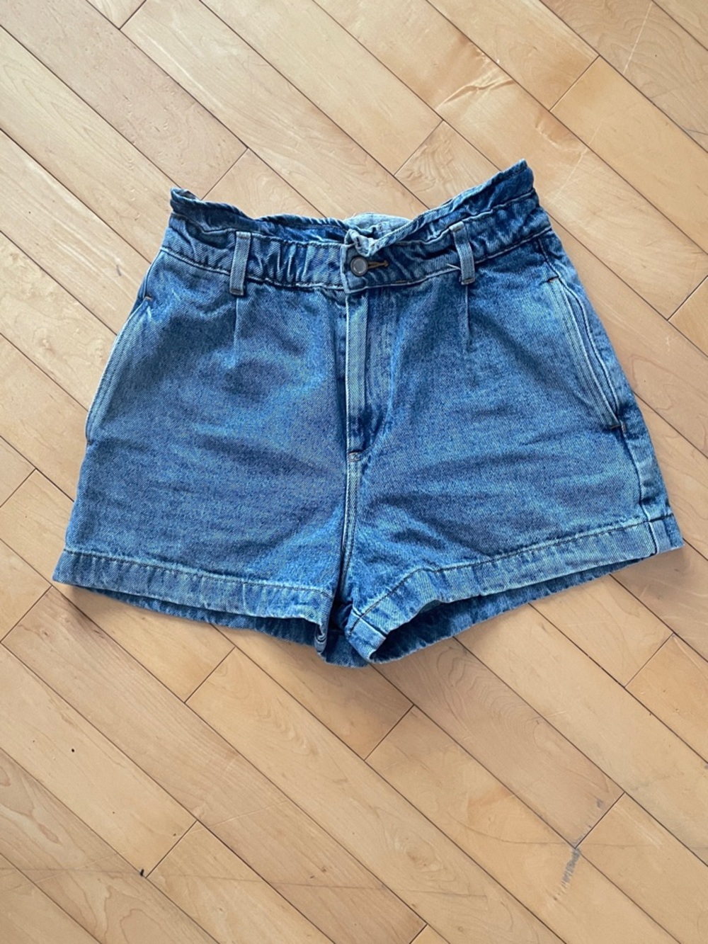 Zara High-Waist Denim Paperbag Shorts - Dark Blue